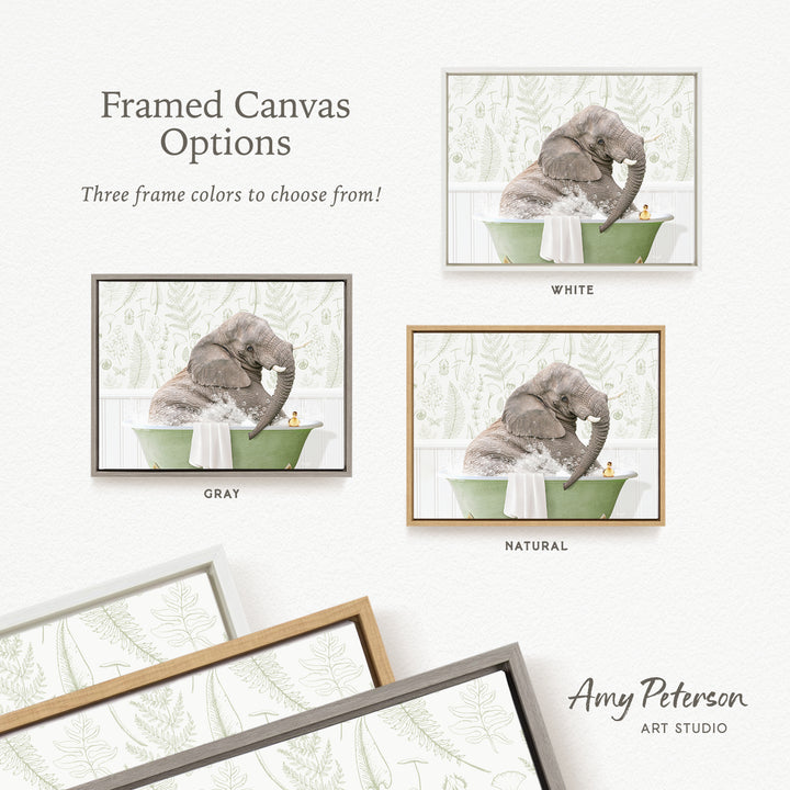 The image is a framed canvas with three different color options for a painting of an elephant in a bathtub. The options are "White", "Grays", and "Natural".