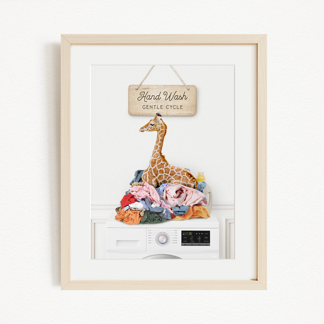 A framed image depicting a giraffe sitting on a pile of laundry, with a sign above that reads "Hand Wash Gentle Cycle".