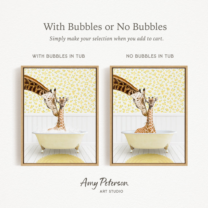 The image is a framed print depicting two giraffes in a bathtub, with one giraffe having bubbles and the other not. The text above the image reads "With Bubbles or No Bubbles Simply make your selection when you add to cart." The text below the image reads "WITH BUBBLES IN TUB" and "NO BUBBLES IN TUB." The artist's name, Amy Peterson, is mentioned at the bottom of the image.