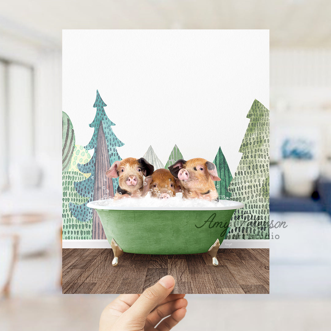 a hand holding up a card with three hamsters in a bathtub