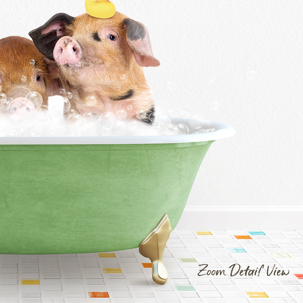 A pair of pigs sitting in a green bathtub filled with bubbles, with one pig wearing a yellow hat.