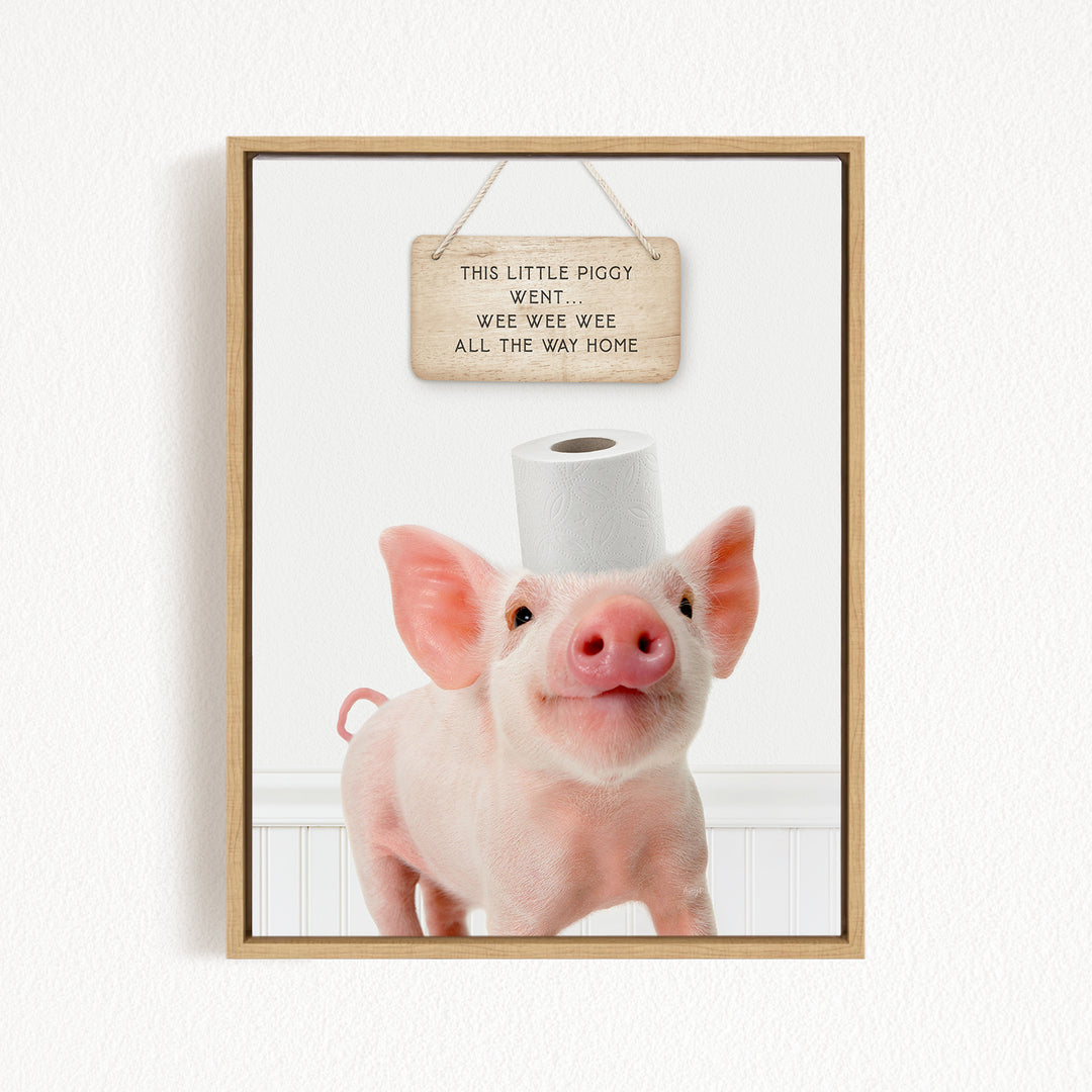 A cute pig wearing a toilet paper hat, with a sign above it that reads "This little piggy went wee wee wee all the way home".
