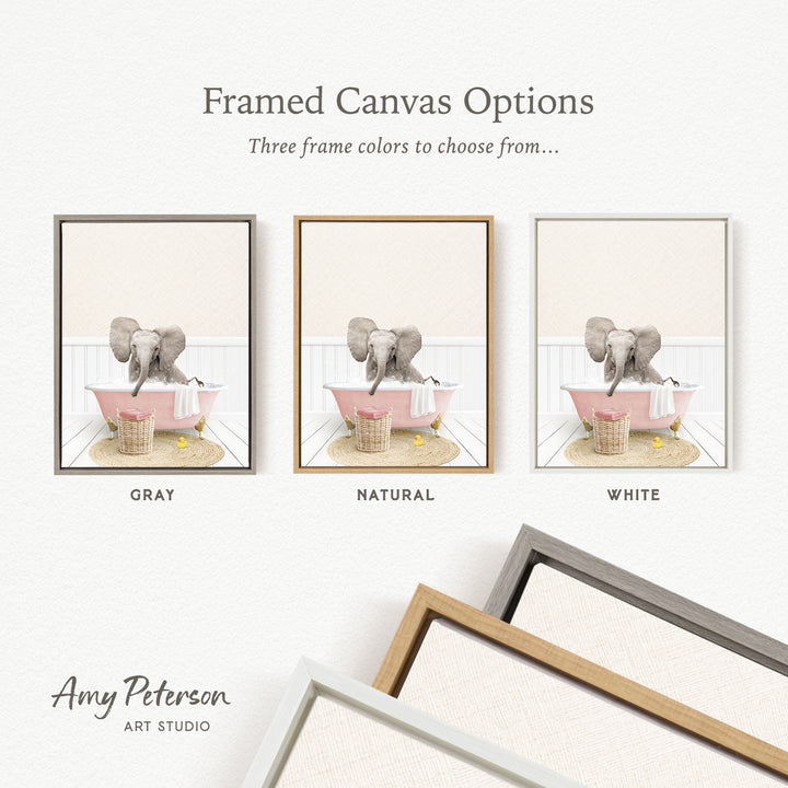 The image is a framed canvas option showcasing three different colored frames for a picture of an elephant in a bathtub.