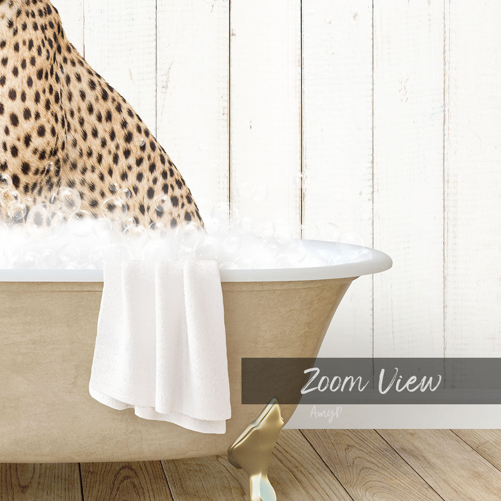 A leopard resting in a bathtub filled with water, with a towel draped over the side.
