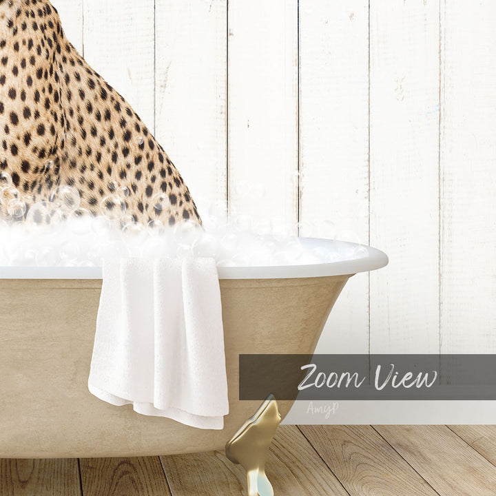 A leopard resting in a bathtub filled with water, with a towel draped over the side.