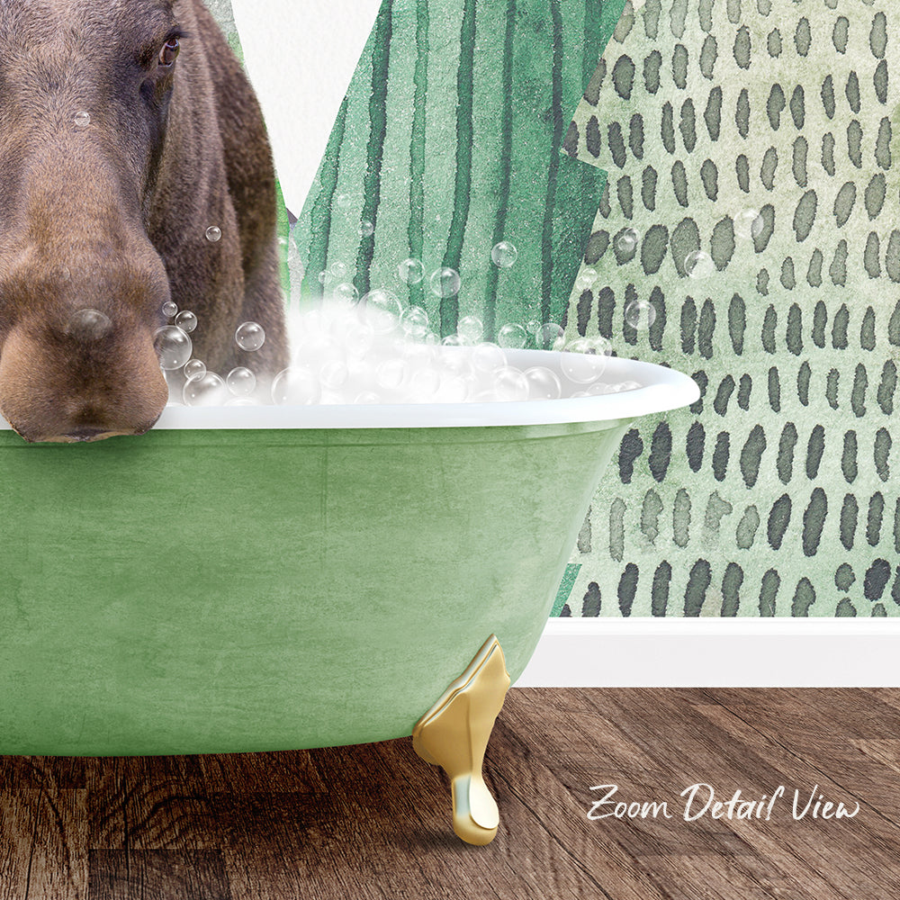 A dog is standing in a green bathtub filled with bubbles, with a patterned wall in the background.