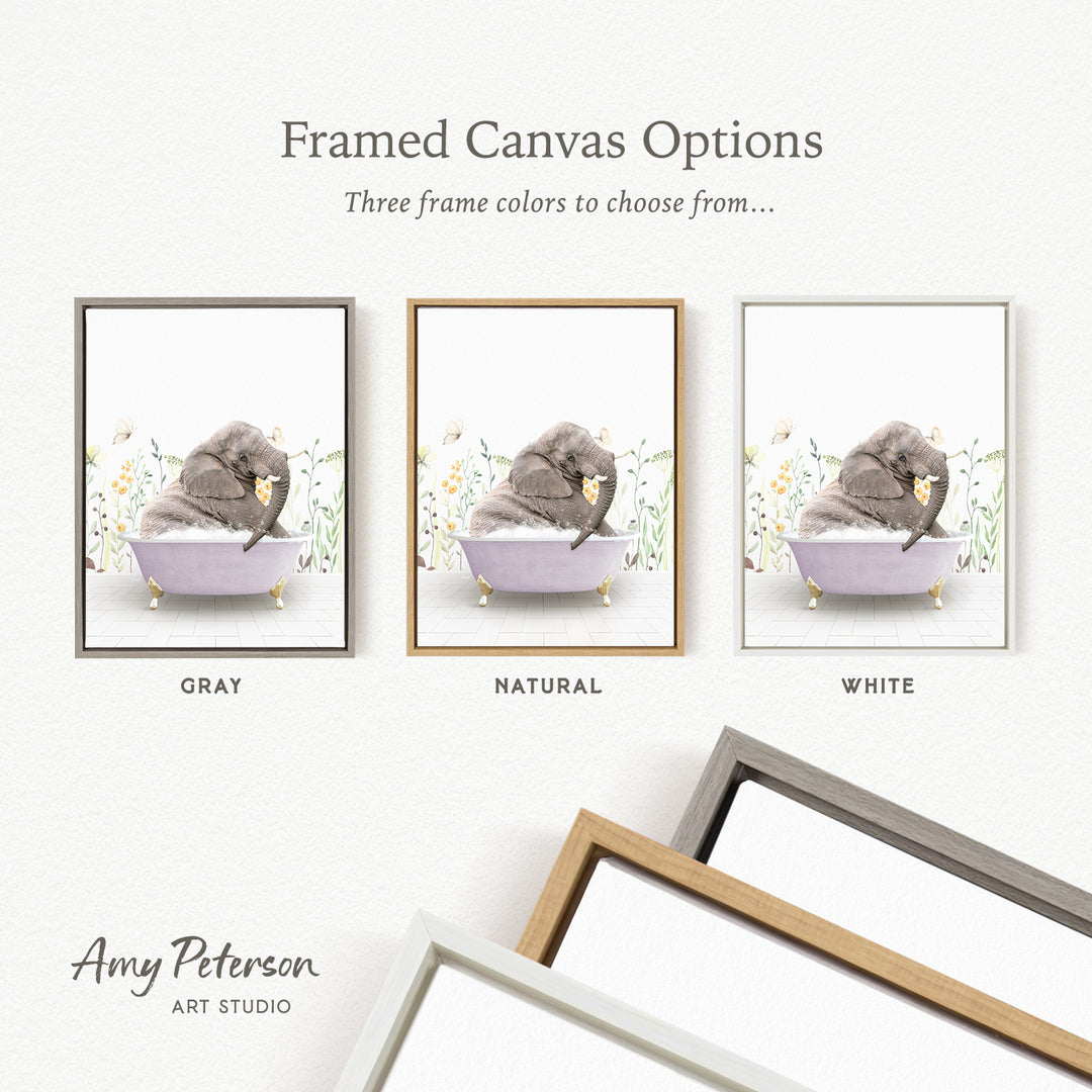 three framed canvas options, each featuring a different color: gray, natural, and white. The text above the images reads " Framed Canvas Options" and "Three frame colors to choose from...". The bottom of the image includes the text " Amy Peterson ART STUDIO".