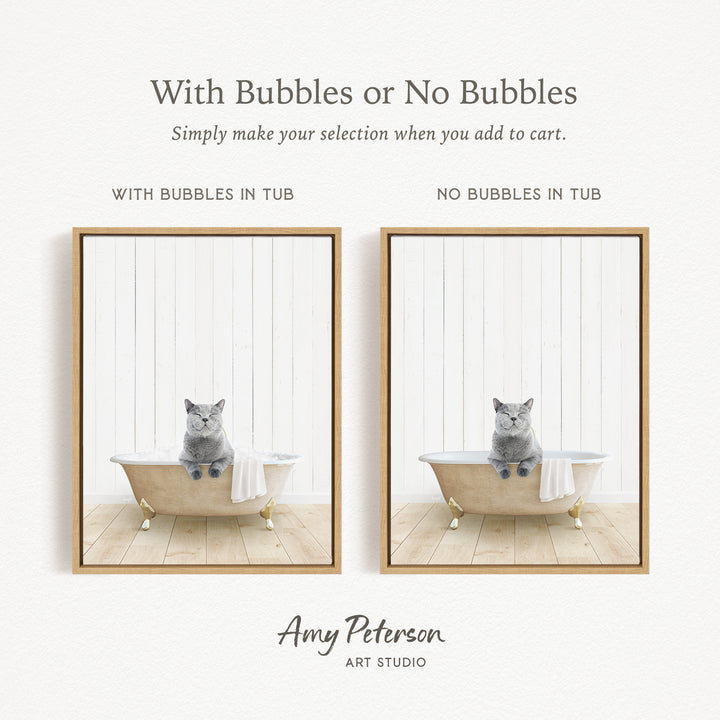 The image is a collage of two pictures, each featuring a cat sitting in a bathtub. The cat in the bathtub has bubbles, while the cat in the tub without bubbles. The collage is titled "With Bubbles or No Bubbles" and is created by Amy Peterson from Art Studio.