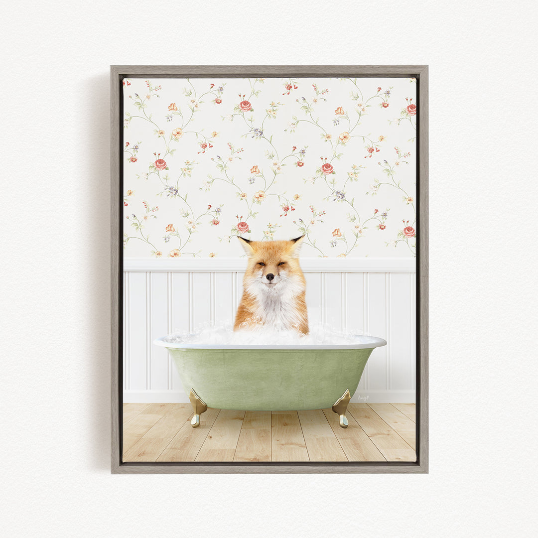A fox is sitting in a green bathtub filled with water, with a floral wallpaper in the background.