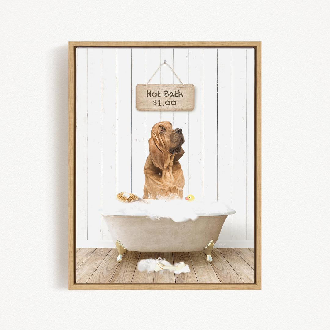 A brown dog sitting in a white bathtub filled with bubbles, with a sign above the tub that reads "Hot Bath $1.00".