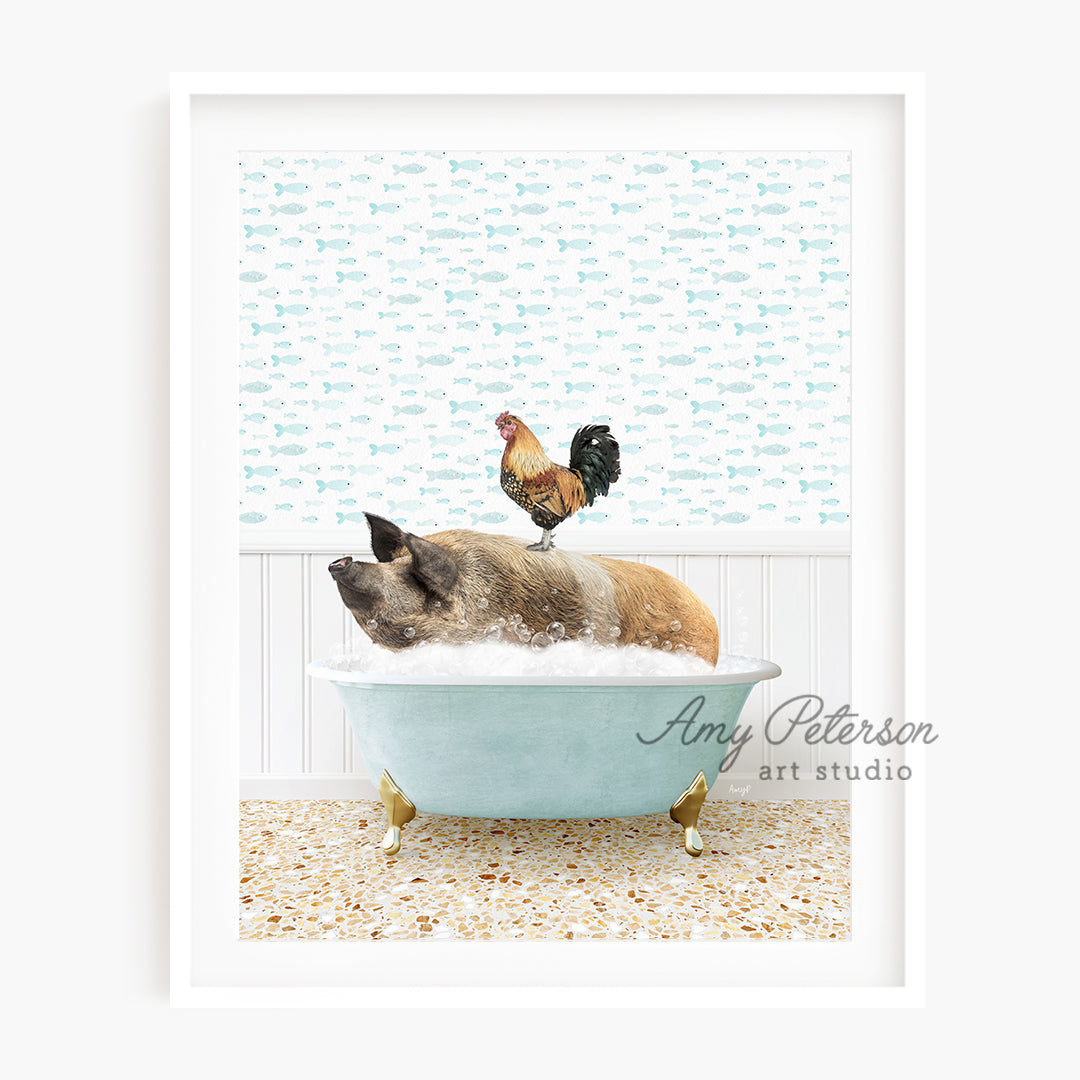 a dog laying in a bathtub with a rooster on top of it