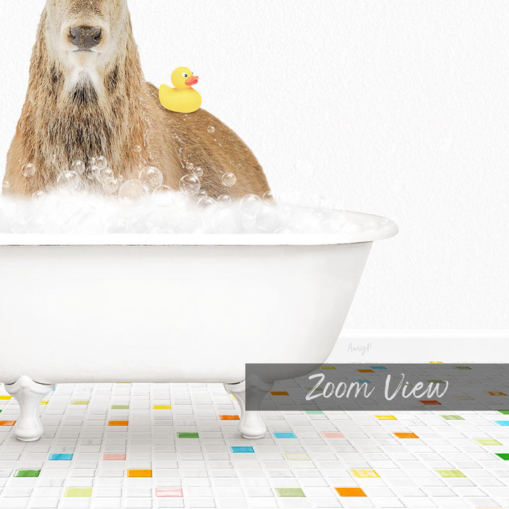 A dog is sitting in a white bathtub filled with bubbles, with a yellow rubber duck floating on its back.