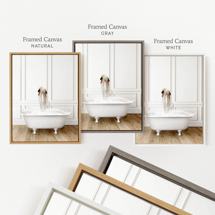 three framed pictures of a dog standing in a bathtub, each with a different colored frame.