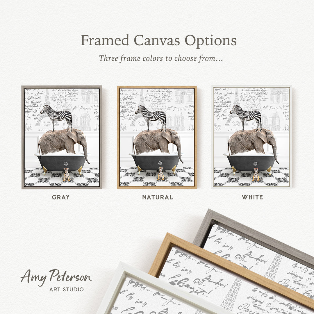The image is a framed canvas option featuring three different color options for a painting of an elephant and a zebra in a bathtub.
