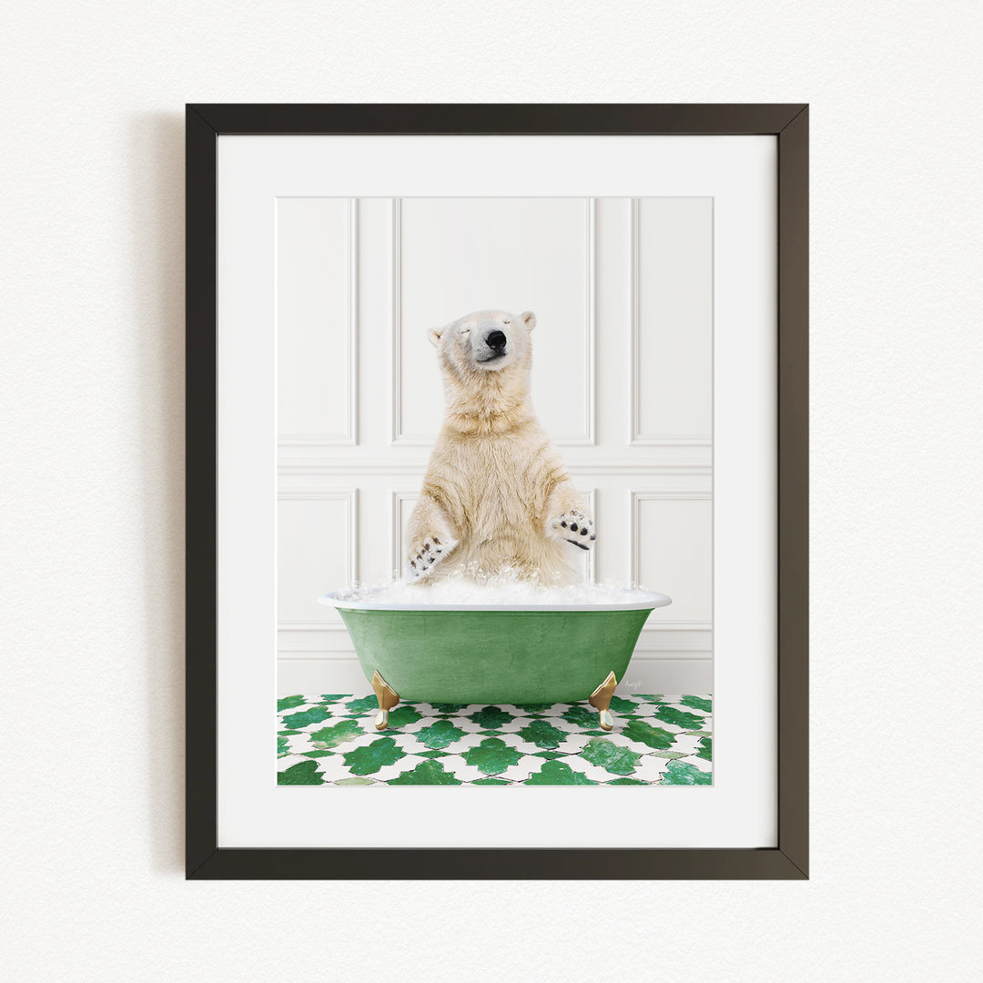 A polar bear sitting in a green bathtub filled with water, surrounded by a green and white patterned rug.
