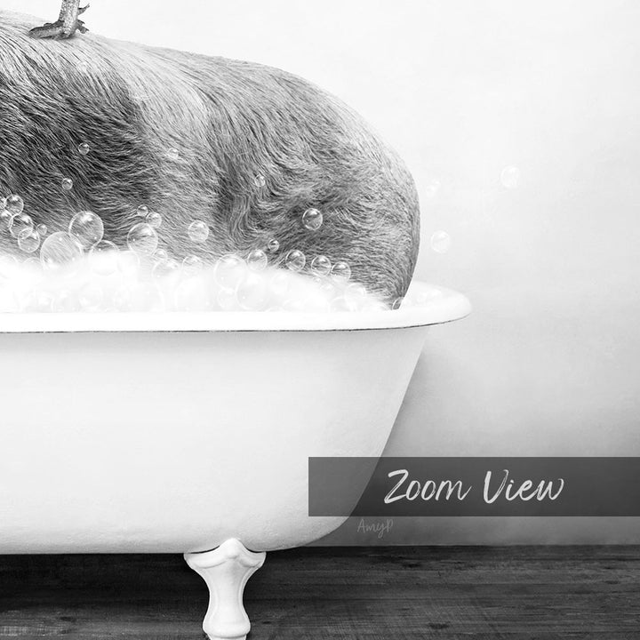 A dog is sitting in a bathtub filled with bubbles, enjoying a relaxing bath.