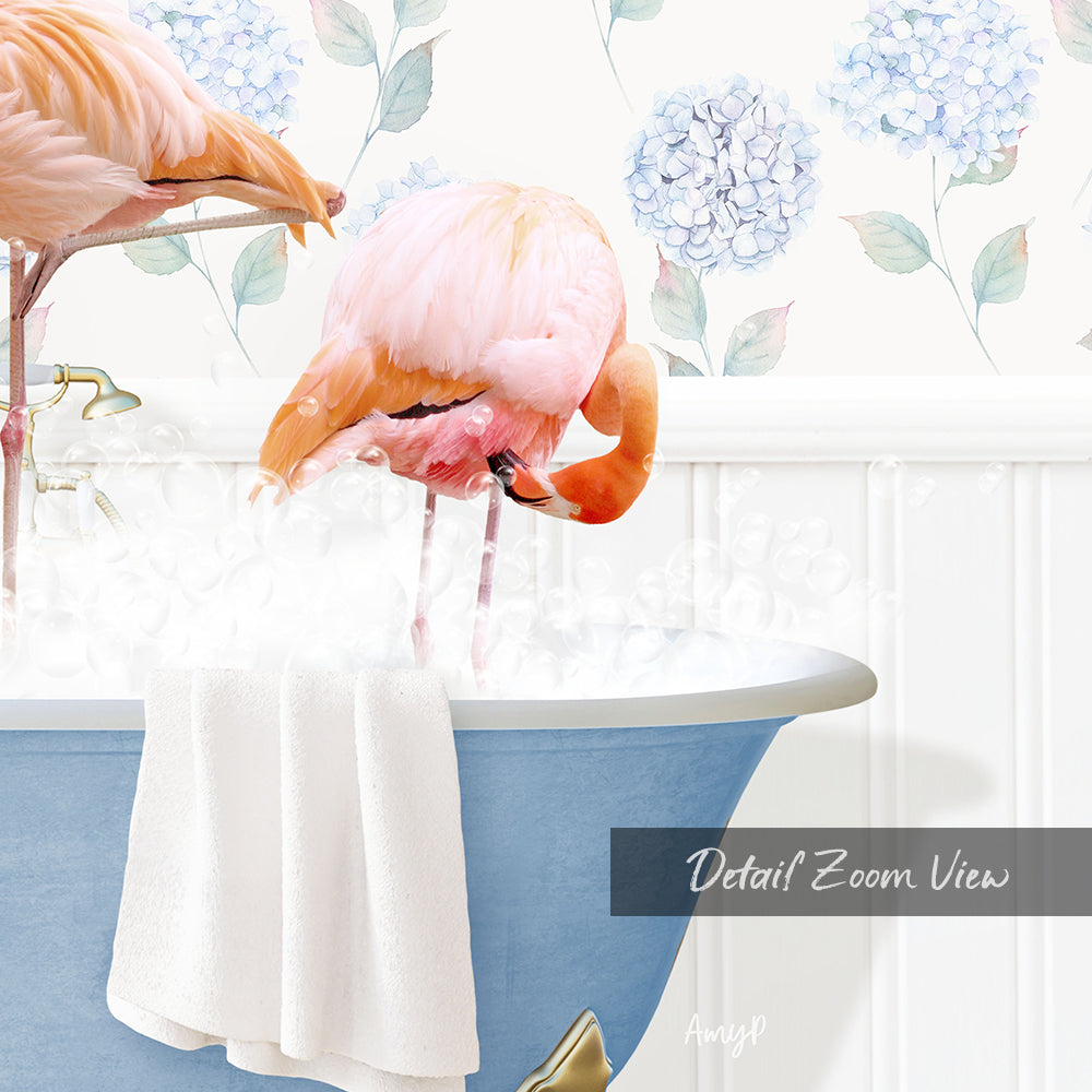 A pink flamingo standing in a blue bathtub filled with water, with a white towel hanging on the side of the tub.