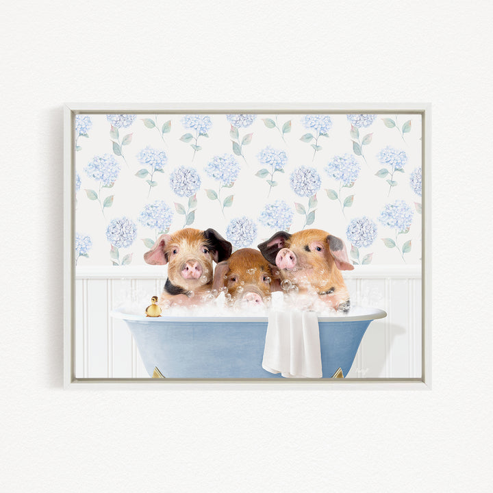 Three adorable pigs sitting in a blue bathtub, enjoying a relaxing bath together.