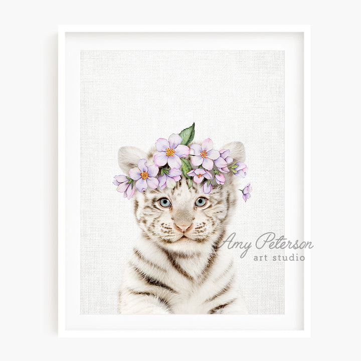 a picture of a white tiger wearing a flower crown