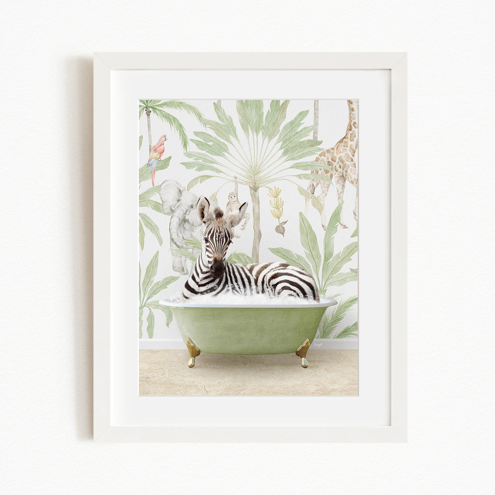 A zebra is sitting in a green bathtub, surrounded by a tropical jungle scene with various animals, including a giraffe and a monkey.