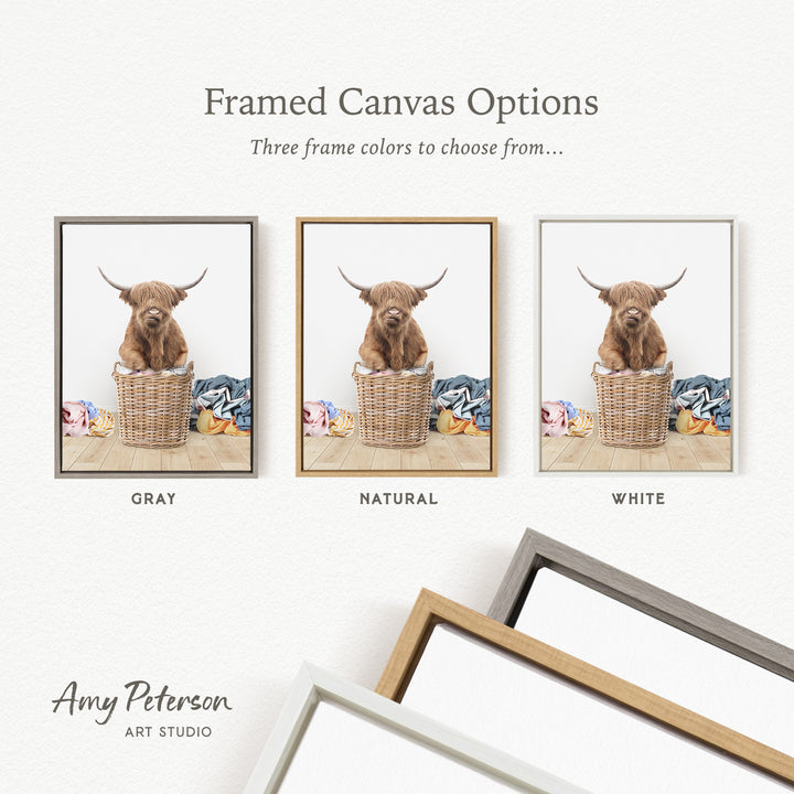 three framed canvas options, each featuring a brown cow with horns in a basket. The options include a gray frame, a natural frame, and a white frame.