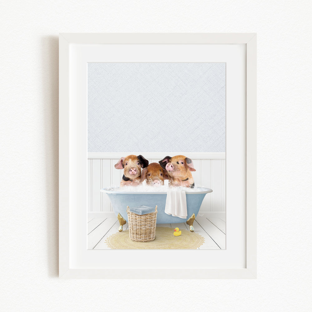 Three adorable pigs sitting in a blue bathtub, surrounded by a yellow rubber duck and a basket.