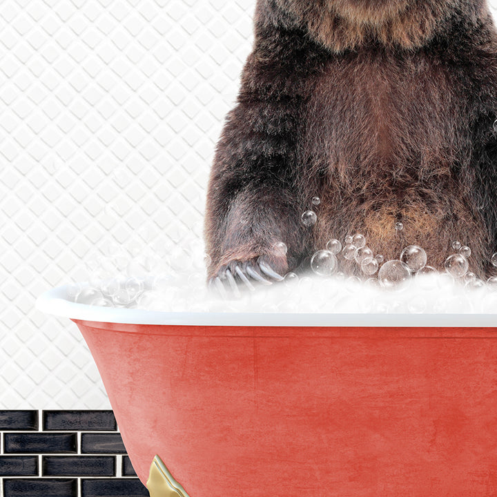 a large brown bear sitting in a bath tub