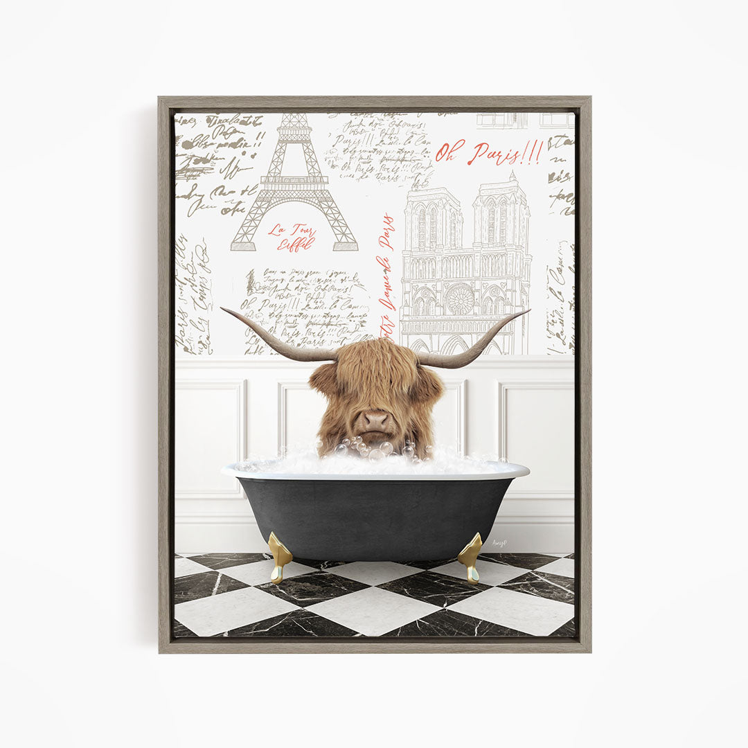 A framed image depicting a cow with long horns sitting in a bathtub, surrounded by various architectural elements and text.
