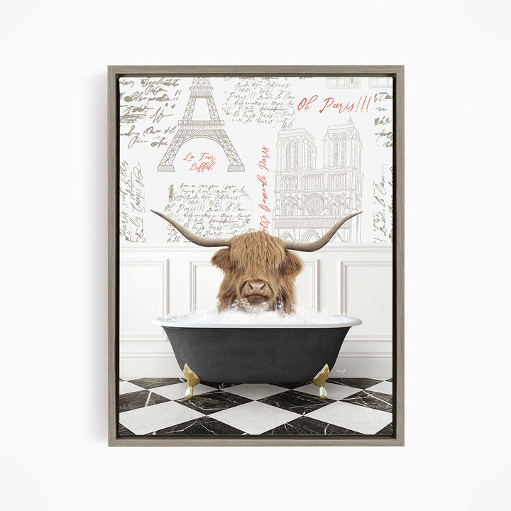 A framed image depicting a cow with long horns sitting in a bathtub, surrounded by various architectural elements and text.