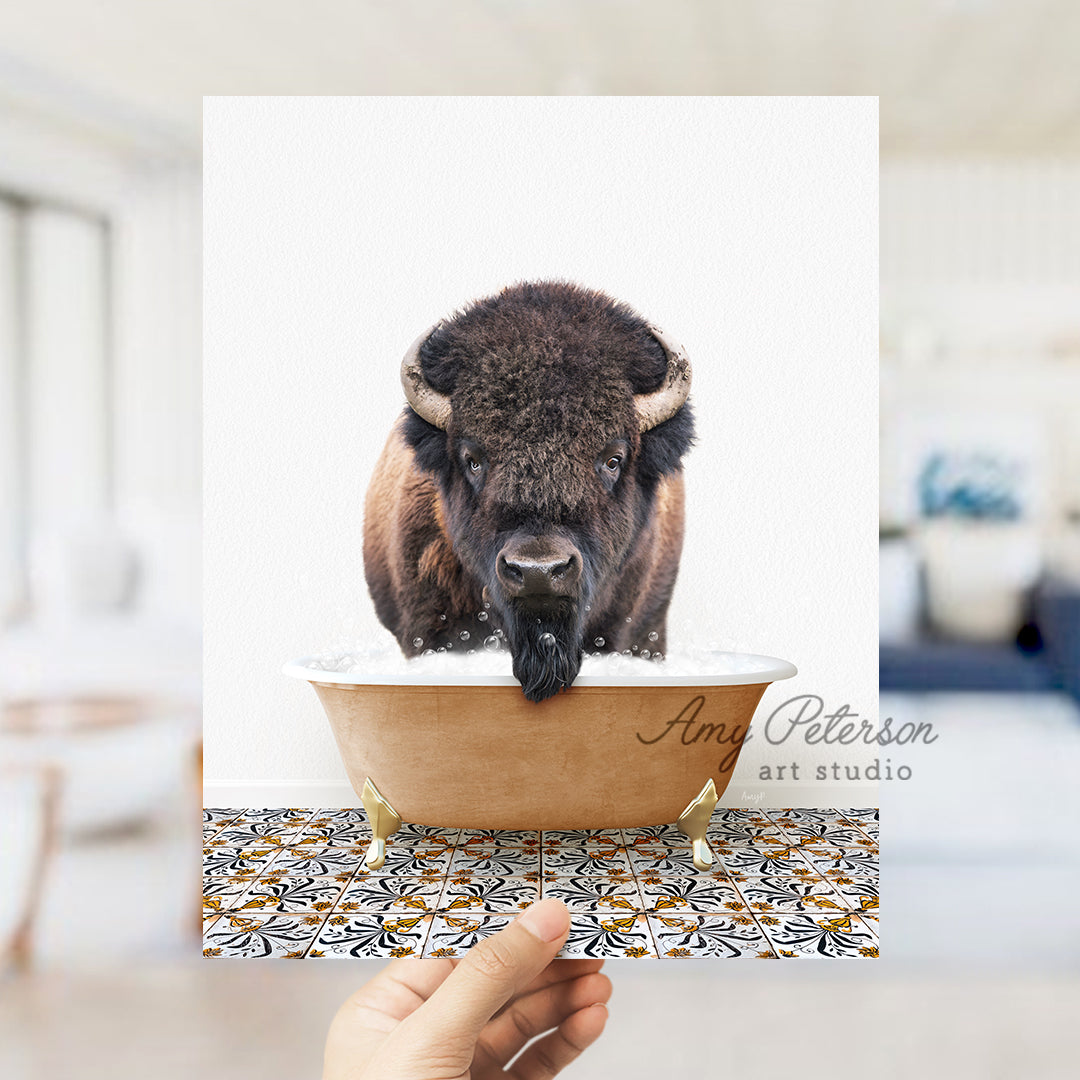 a person holding a card with a picture of a bison in a bathtub