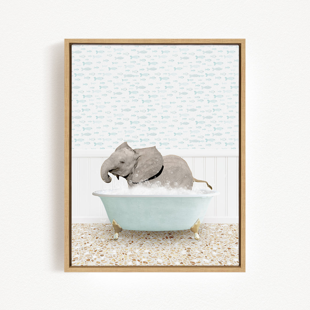 A gray elephant is sitting in a light blue bathtub filled with water, surrounded by a patterned wall and a tiled floor.