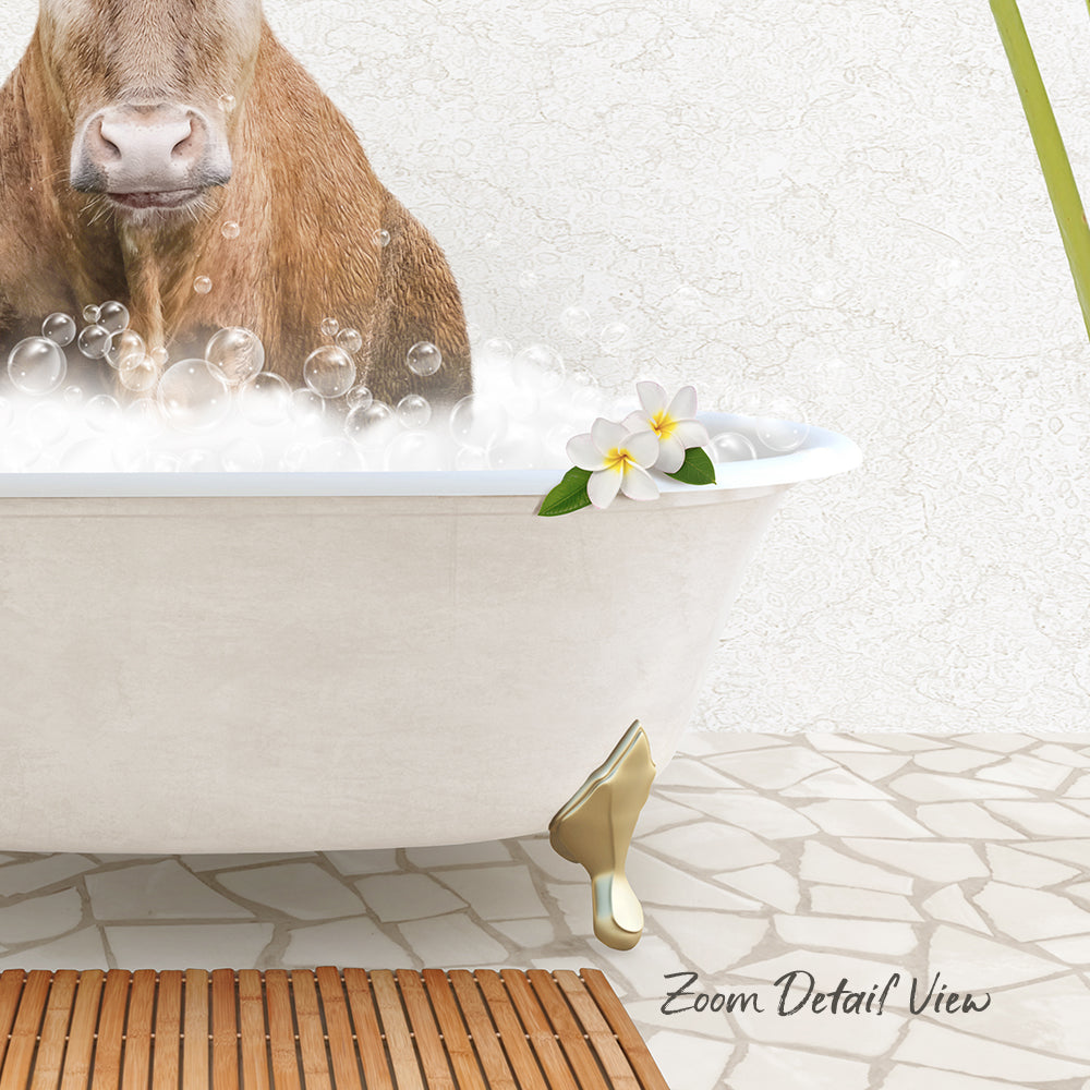 A cow is sitting in a bathtub filled with bubbles, surrounded by white flowers and a wooden mat.