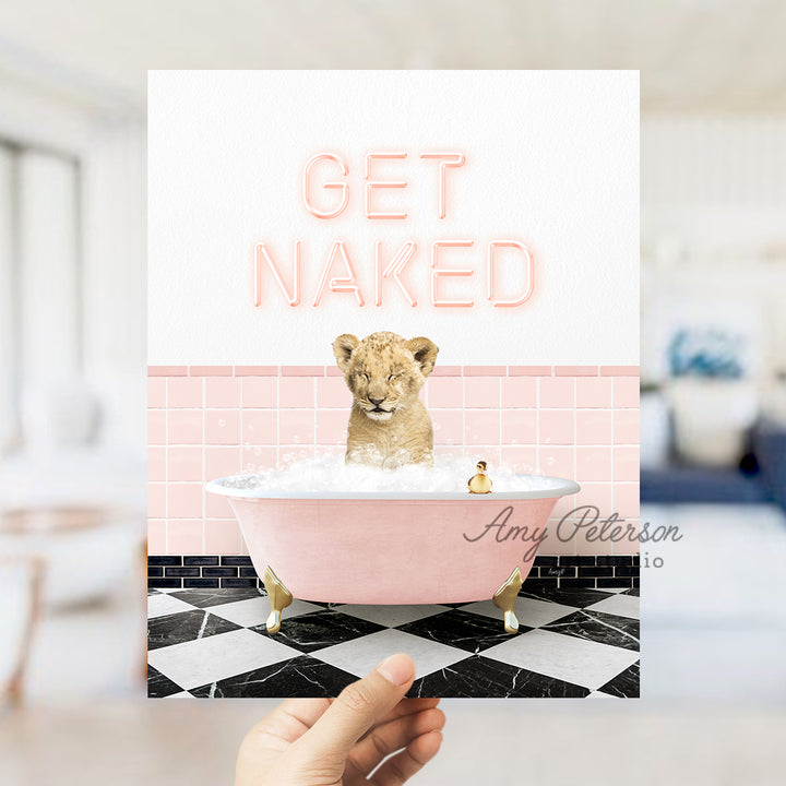 a person holding up a card with a picture of a dog in a bathtub