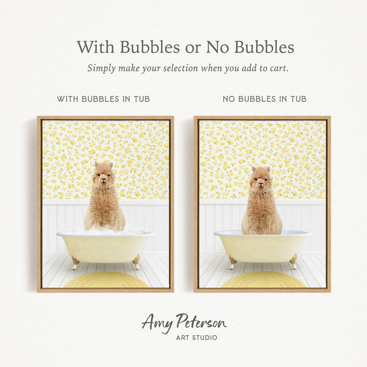 The image is a collage of two pictures, each featuring a dog sitting in a bathtub. The dog in the bathtub has bubbles, while the other dog does not have bubbles. The collage is titled "With Bubbles or No Bubbles" and is created by Amy Peterson from Art Studio.