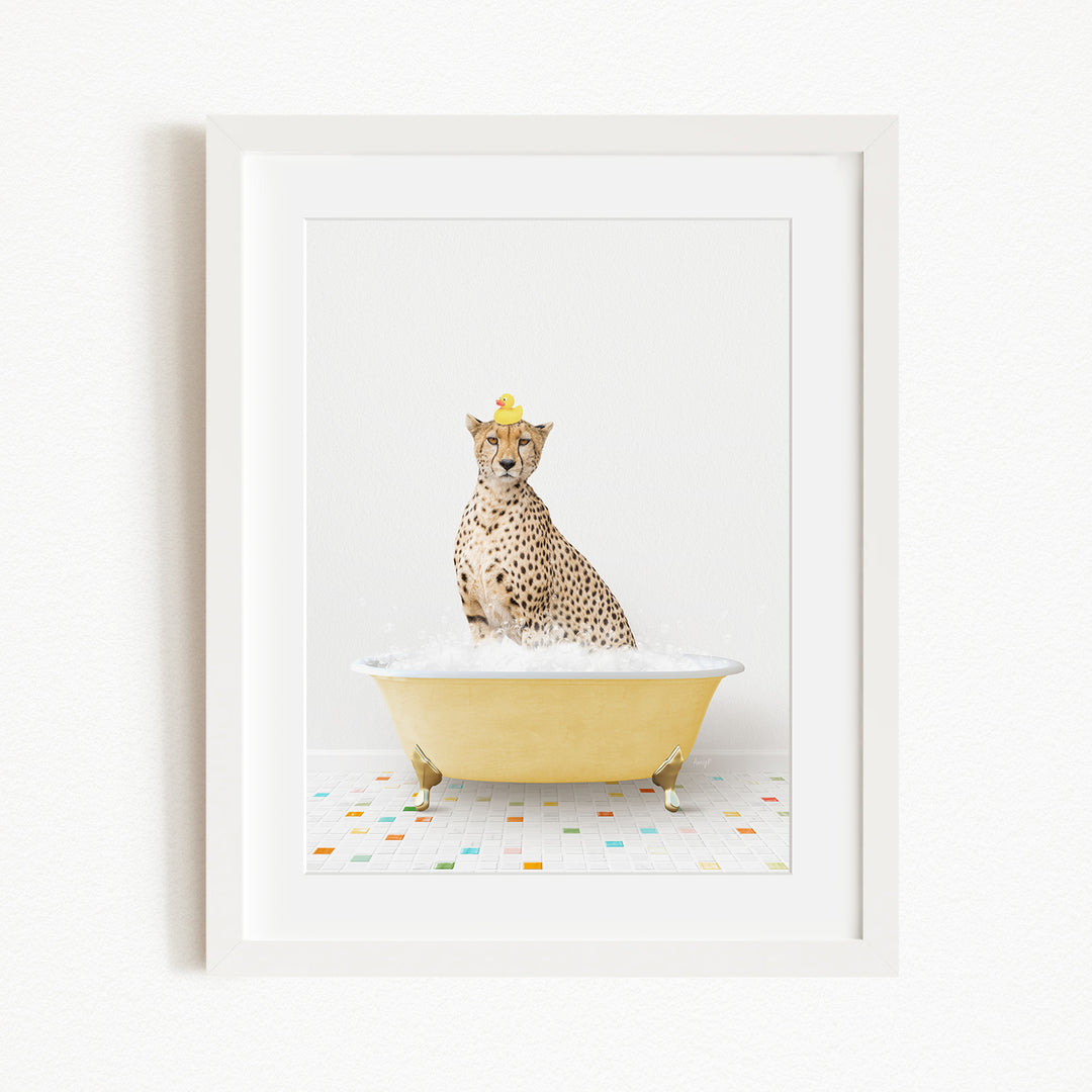 A cheetah sitting in a yellow bathtub filled with water, wearing a yellow hat.