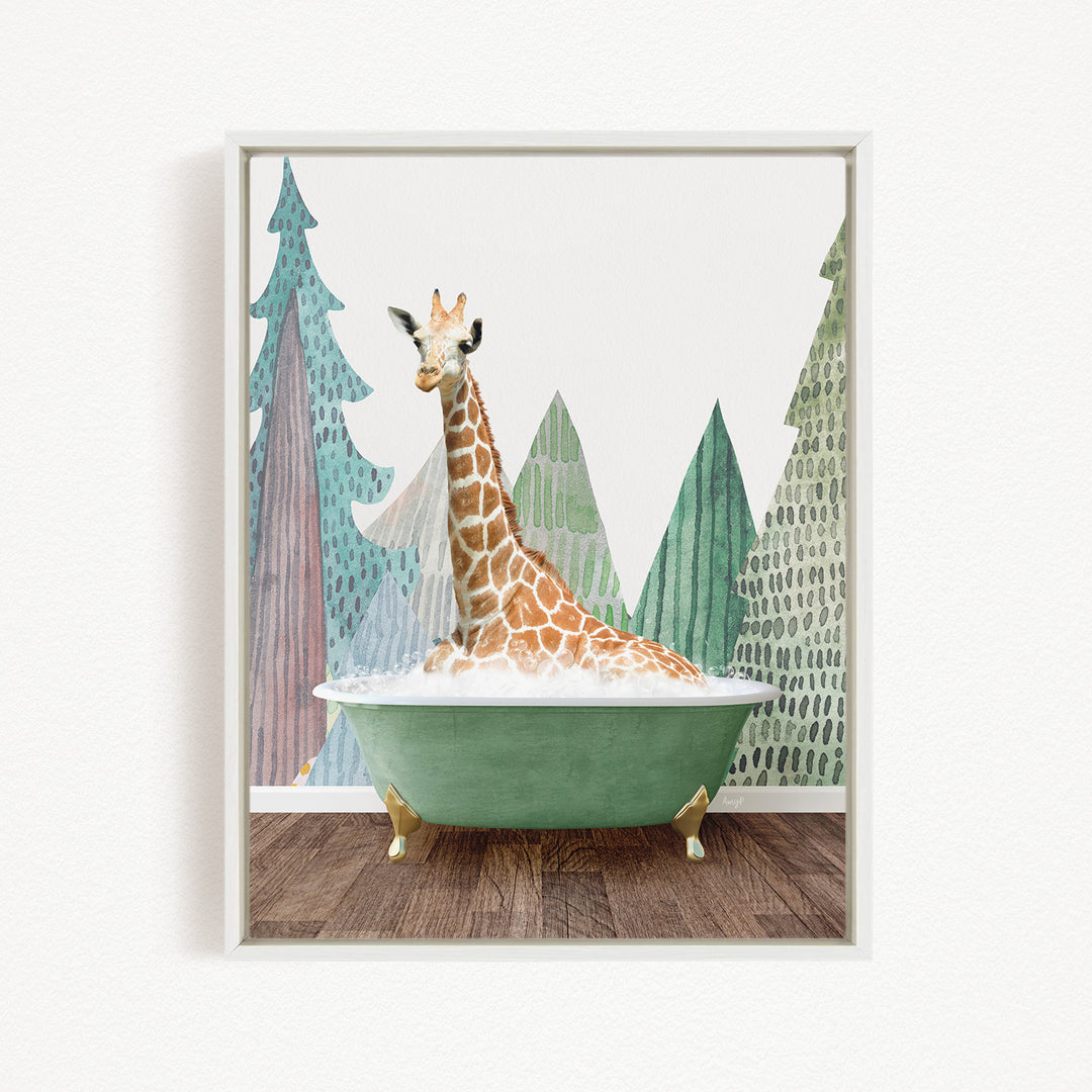 A giraffe is sitting in a green bathtub, surrounded by trees and a forest-like background.