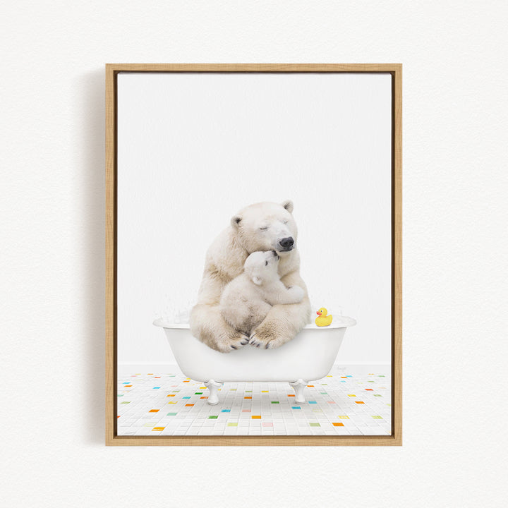A polar bear is sitting in a bathtub, with a rubber duck floating on the water, creating a playful and whimsical scene.