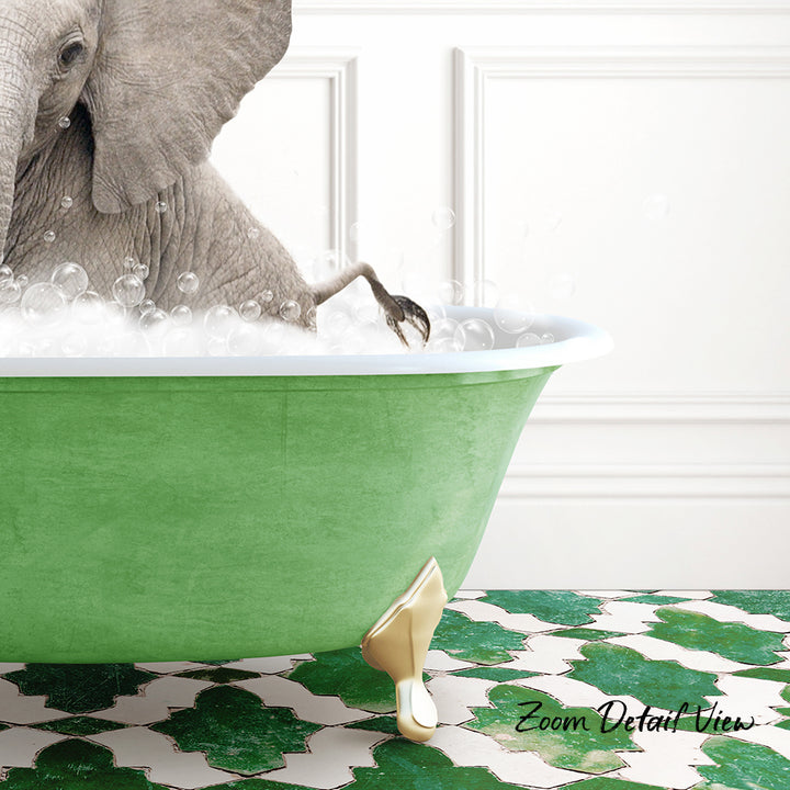 A large elephant is taking a bath in a green bathtub, surrounded by bubbles, with a patterned tile floor in the background.