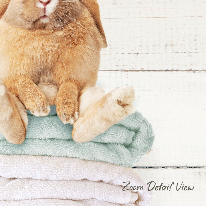 A fluffy orange rabbit sits atop a stack of light blue towels on a white wooden surface.
