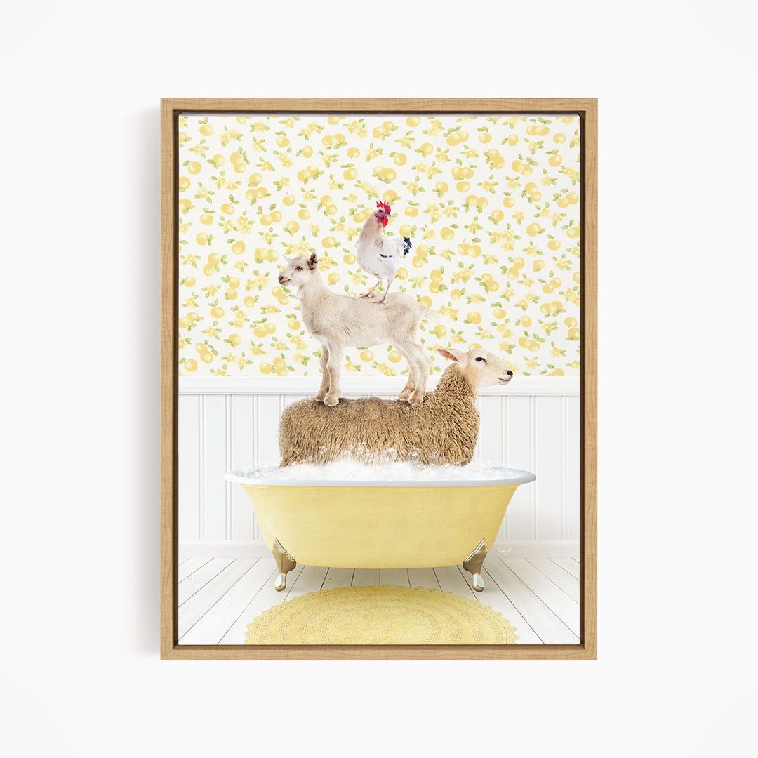 A framed image depicting a sheep standing on a tub filled with water, with a chicken perched on top of it.