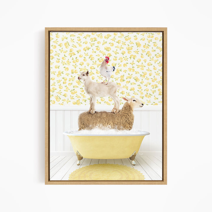 A framed image depicting a sheep standing on a tub filled with water, with a chicken perched on top of it.