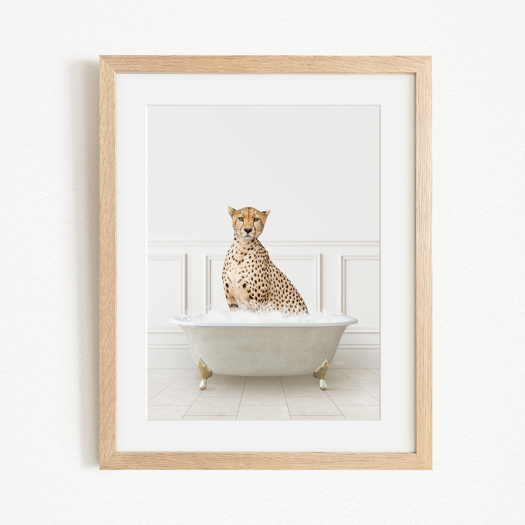 A cheetah sitting in a white bathtub filled with water, creating a playful and whimsical scene.
