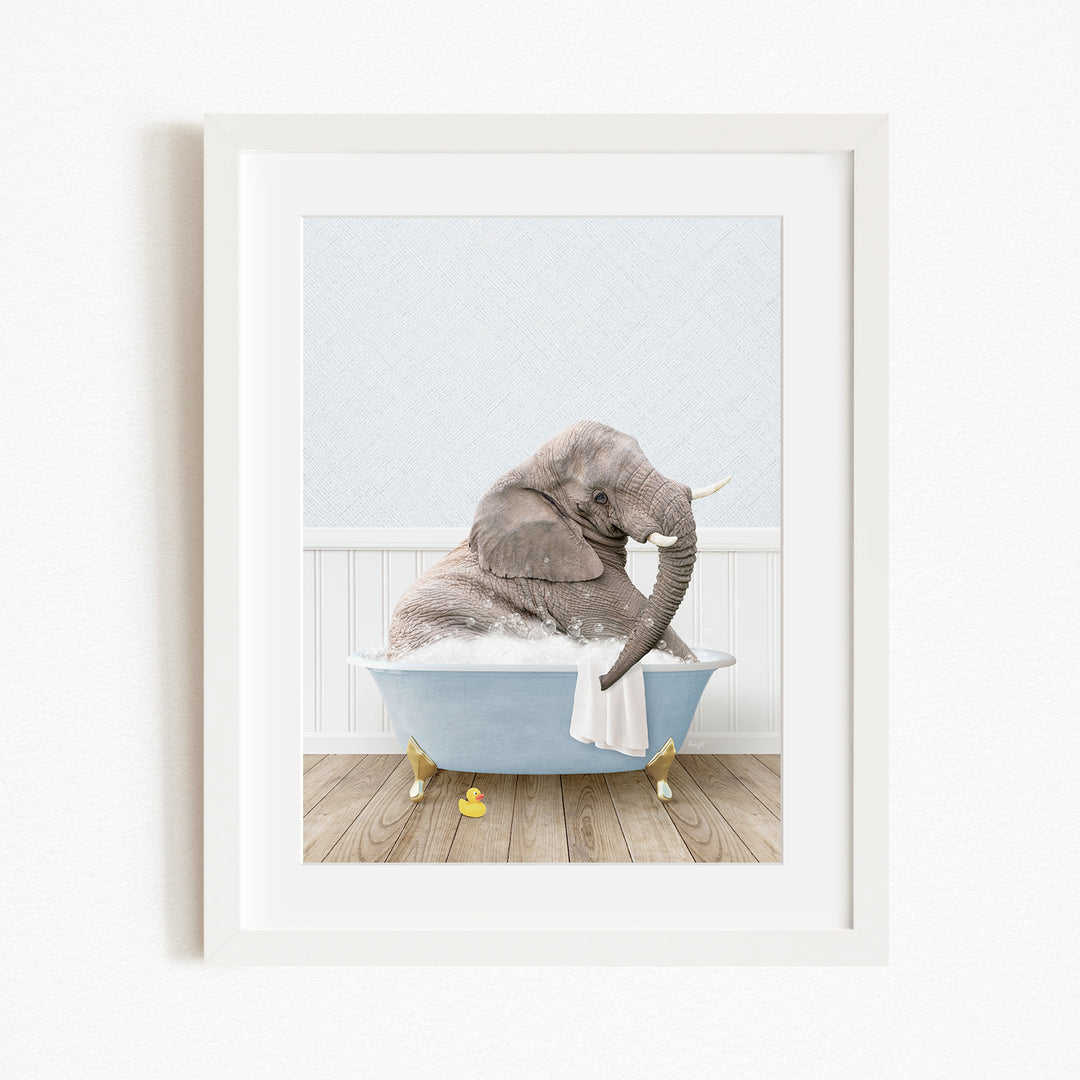 A gray elephant sitting in a blue bathtub filled with water, surrounded by yellow rubber duckies.