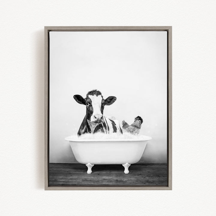 A black and white image of a cow sitting in a bathtub filled with water, with a chicken standing nearby.