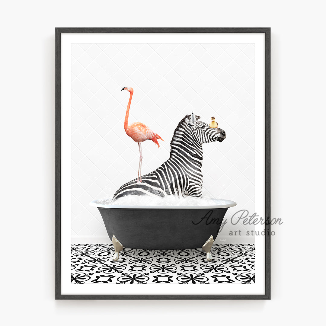 a picture of a zebra and a flamingo in a bathtub