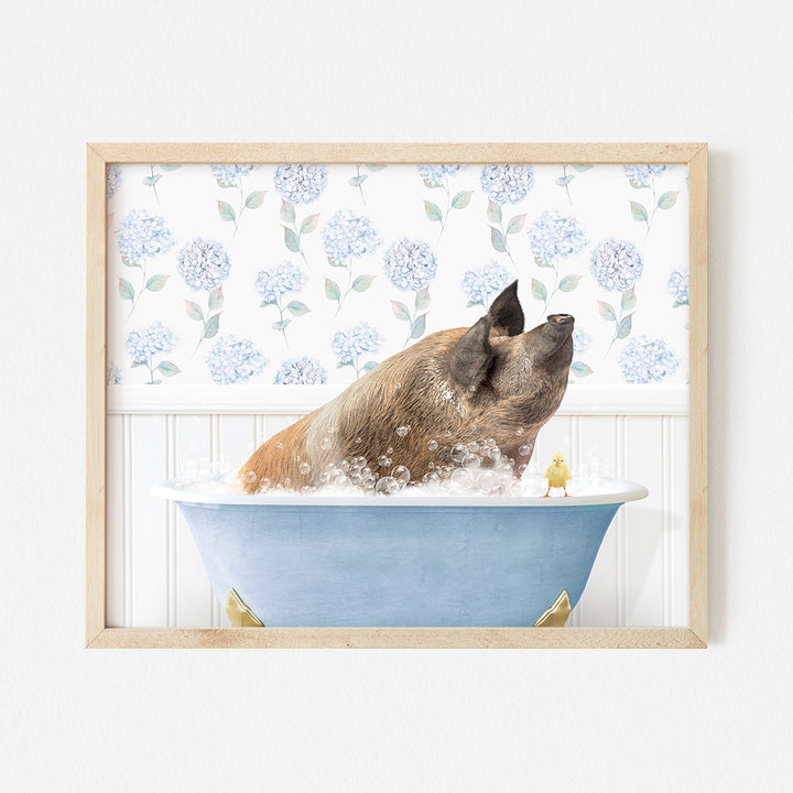 a dog taking a bath in a blue bathtub