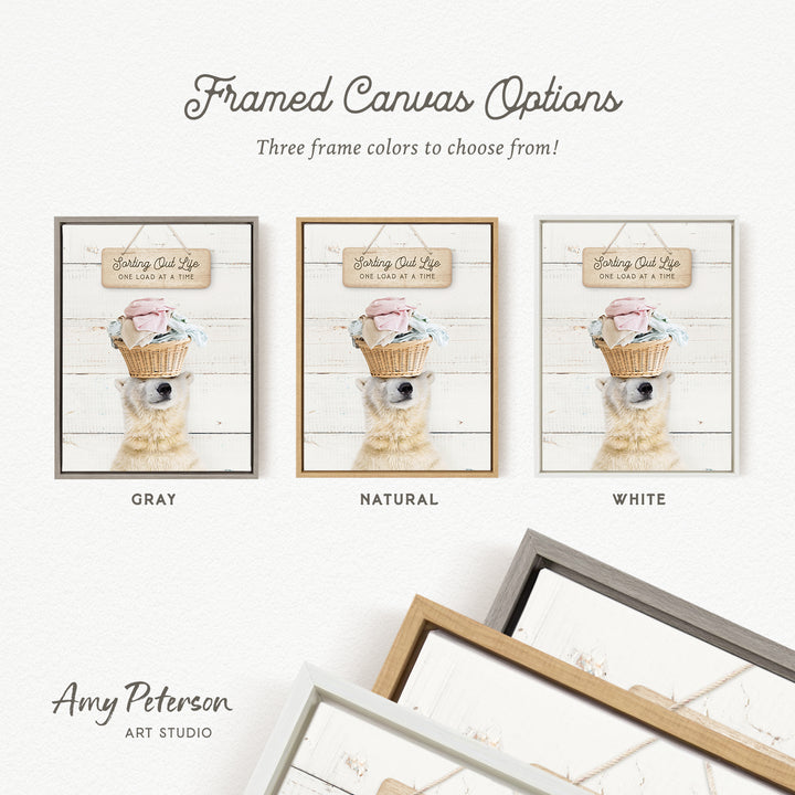 three framed canvas options, each featuring a different color and frame style. The options include a gray frame, a natural frame, and a white frame. The text above the options reads " Framed Canvas Options" and "Three frame colors to choose from!".