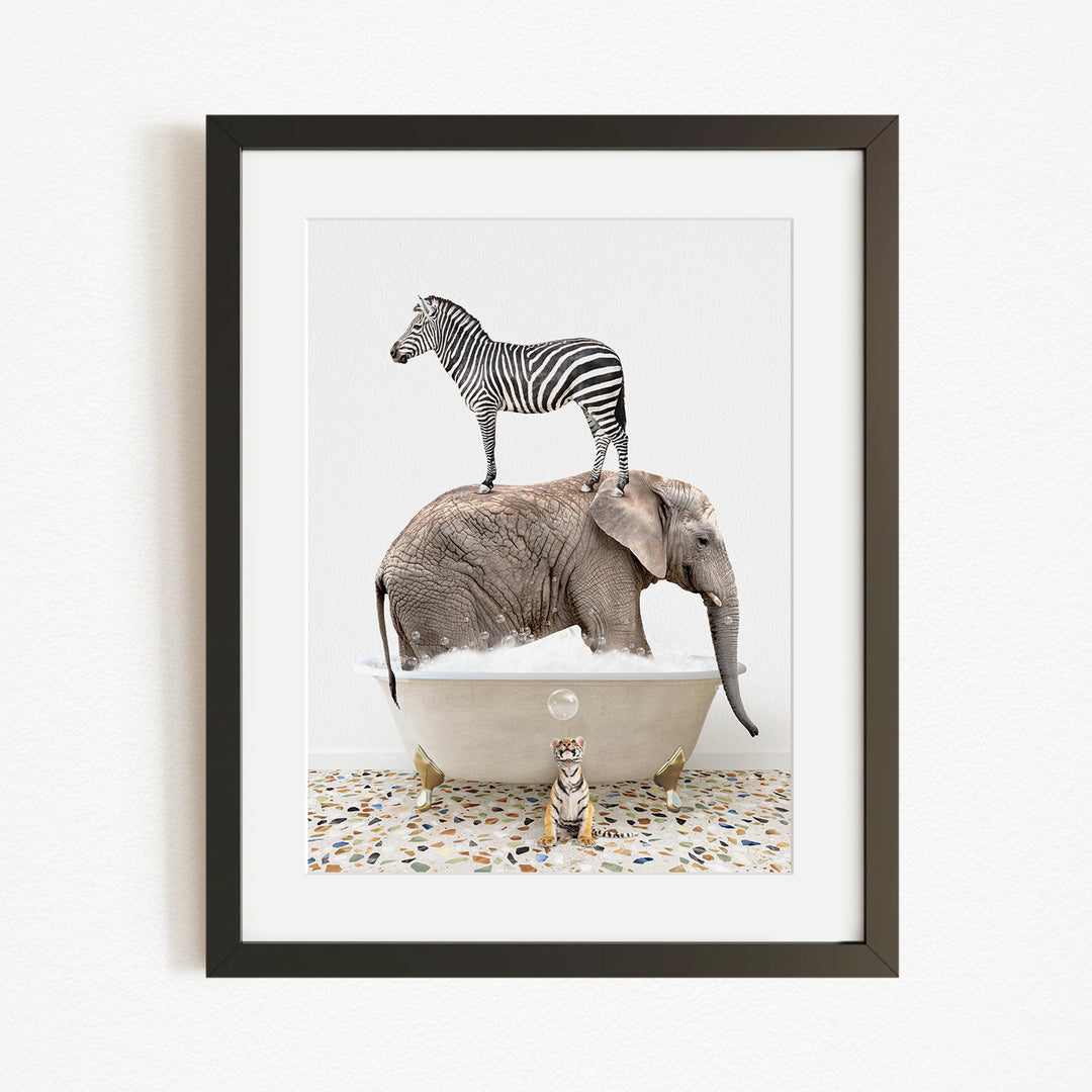A zebra standing on an elephant's back, with a small tiger sitting in a bathtub in the foreground.