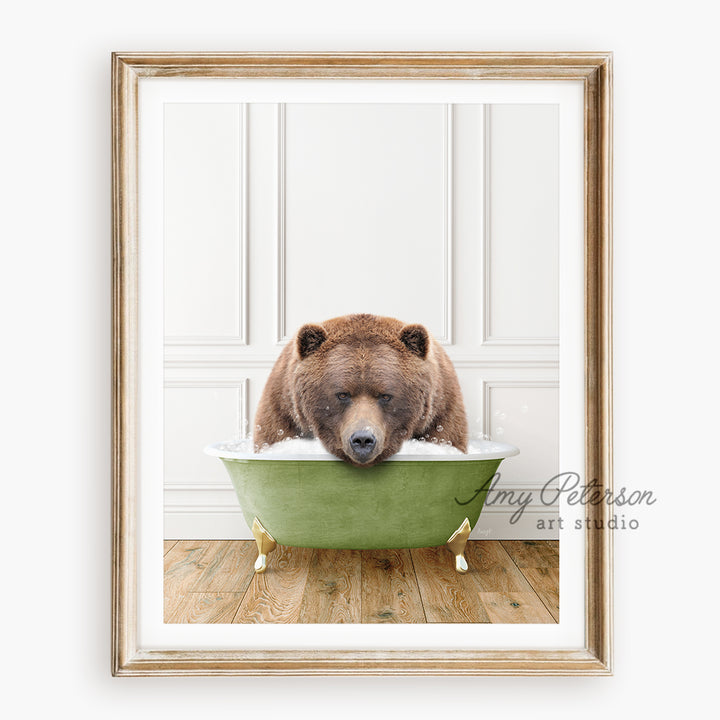 a brown bear sitting in a green bath tub