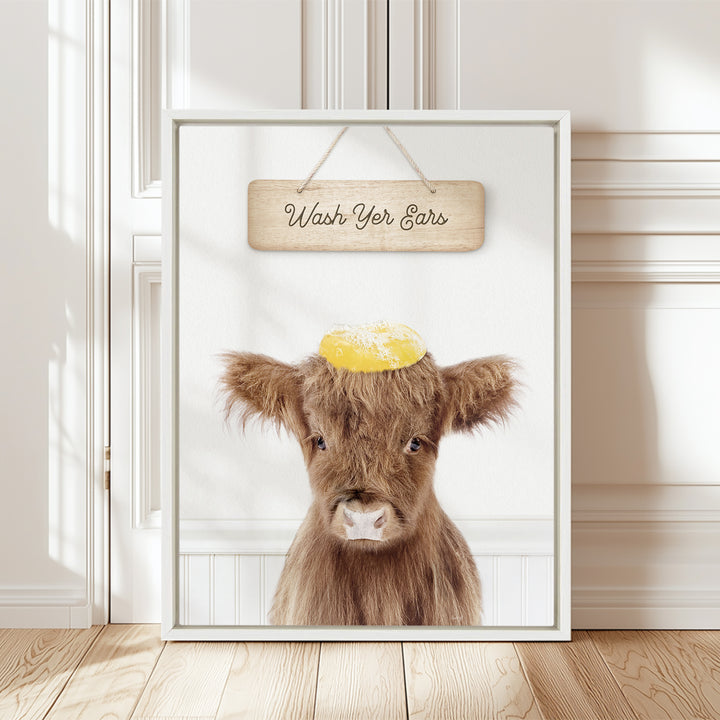 Baby Highland Cow "Wash yer ears" - Bathroom Cottage White